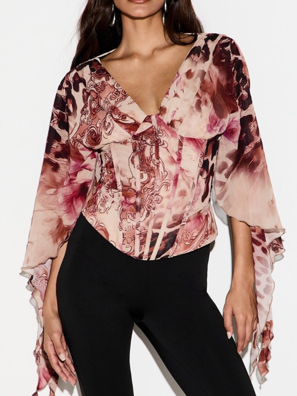 Multicolor Casual Women's Boned Ruffle Tie Front V Neck Chiffon Crop Top
